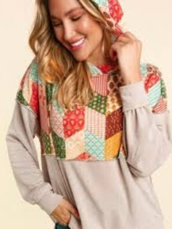 Haptics Tops - NEW [Haptics] Patchwork Printed High/Low Back Hem Yoke Hooded Top Women's S